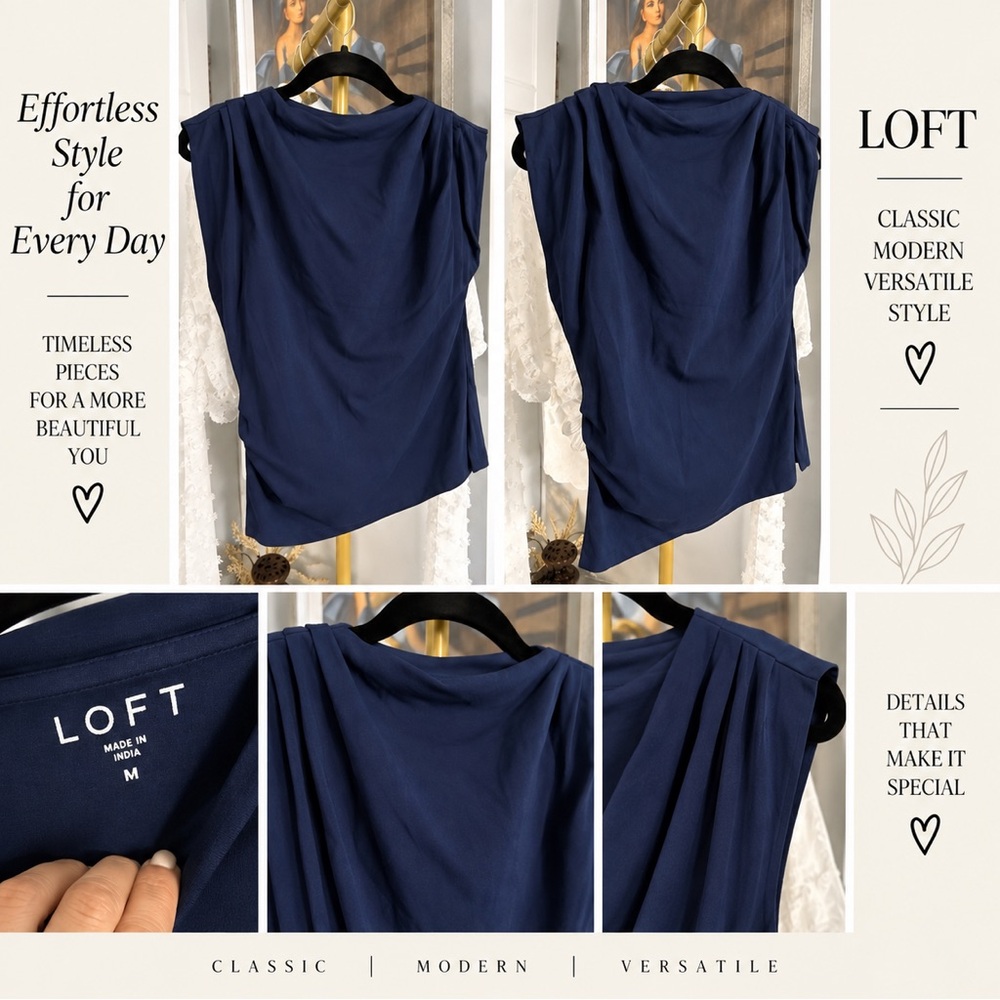 LOFT Navy Draped Sleeveless Camisole with Shoulder Pleats